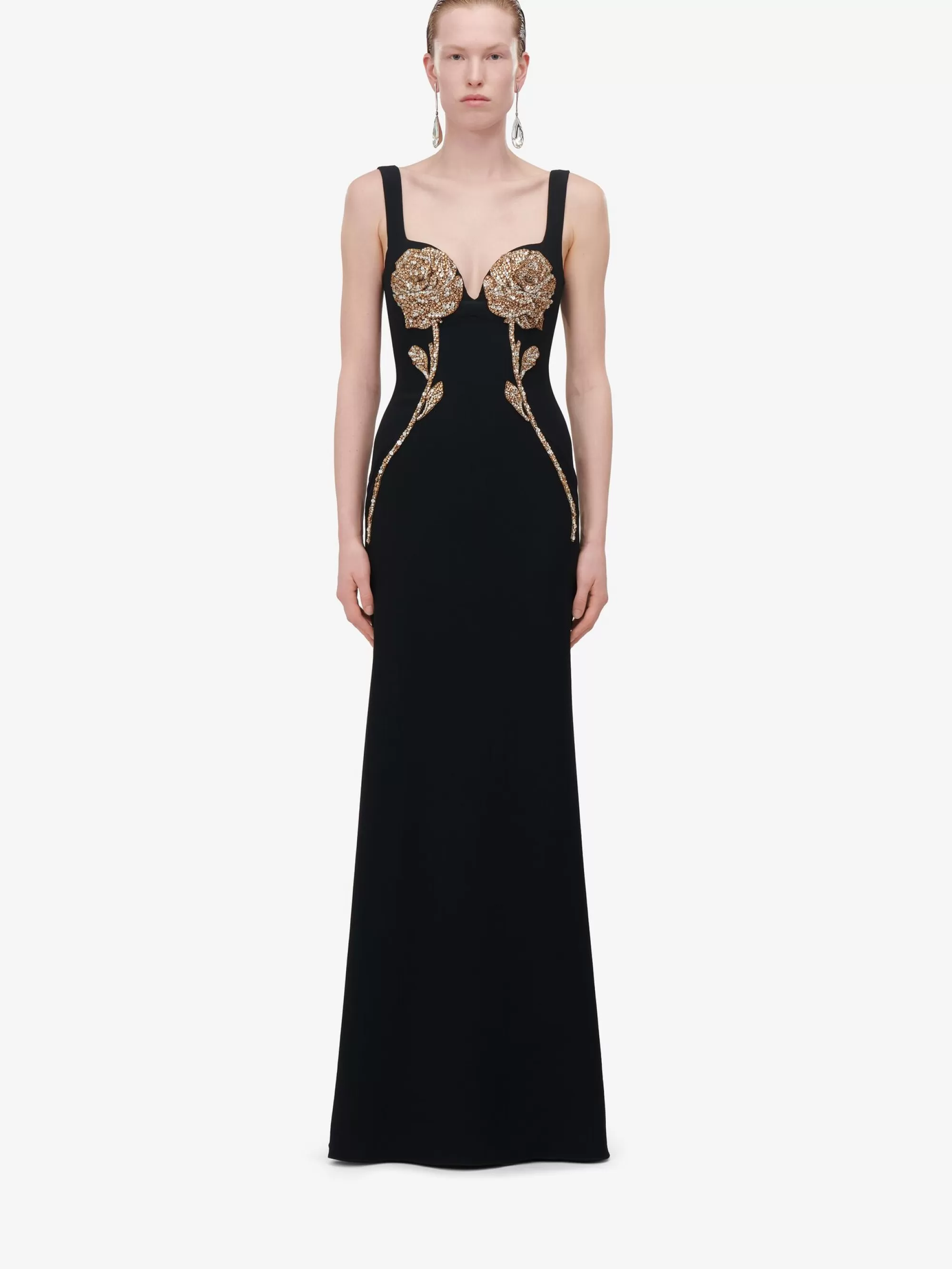 Women's Gold Rose Embroidery Evening Dress in >Alexander McQueen Store