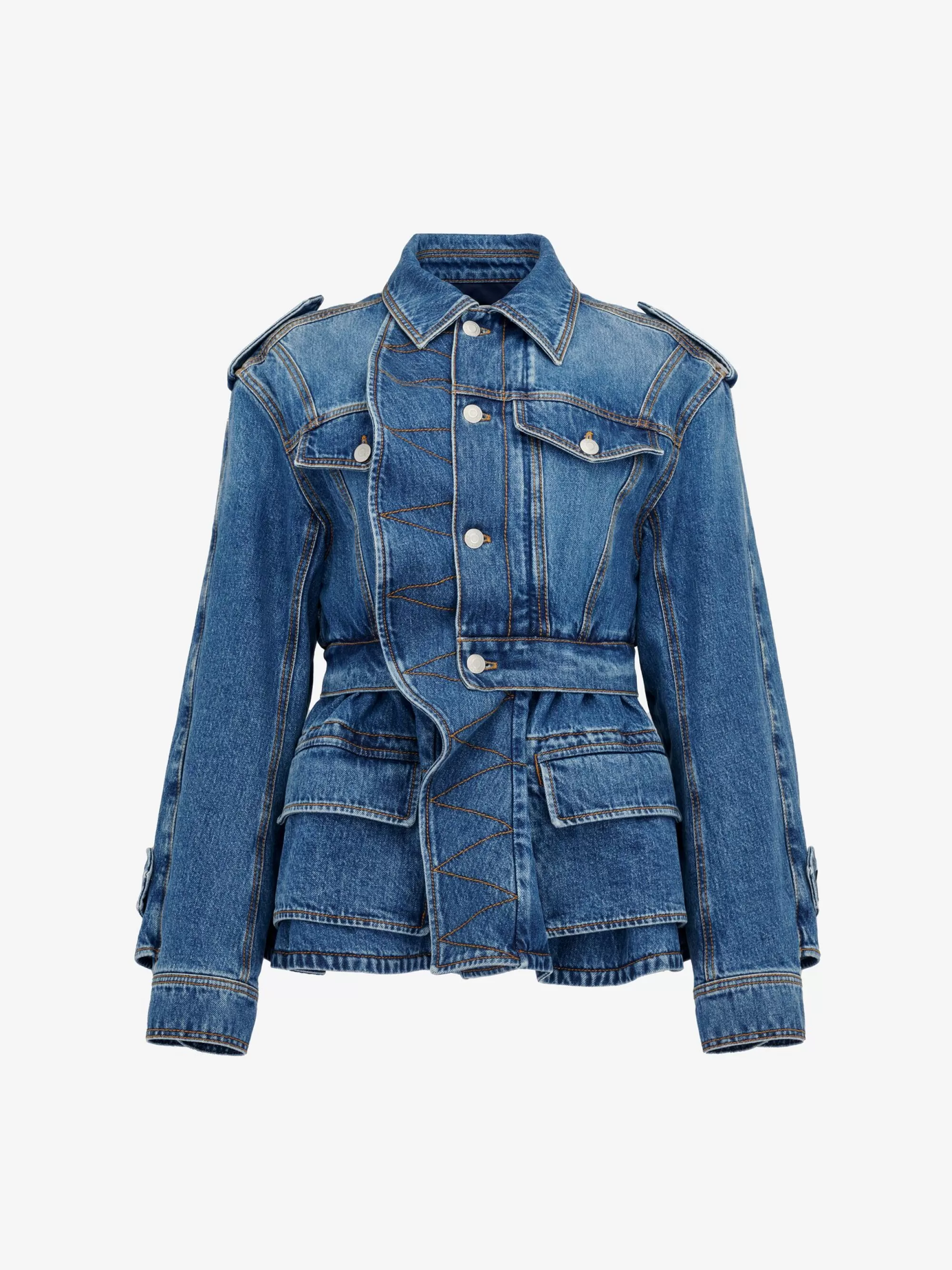 Women's Patch Pocket Peplum Denim Jacket in >Alexander McQueen Flash Sale