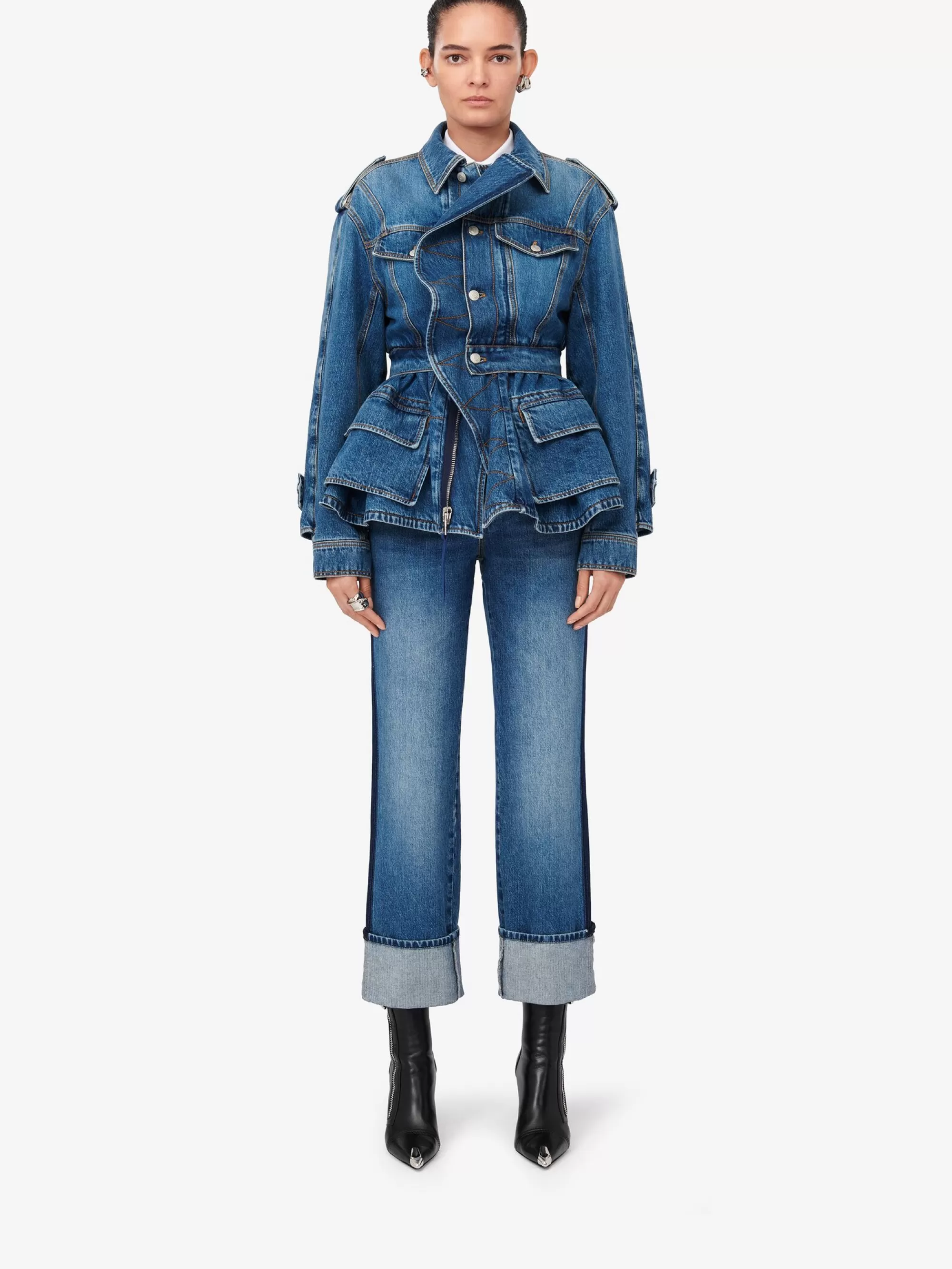 Women's Patch Pocket Peplum Denim Jacket in >Alexander McQueen Flash Sale